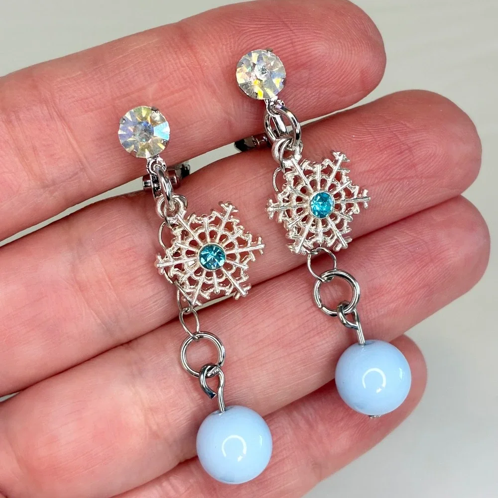 Snowflake Clip On Earrings Kids Blue Bead Dangle‎ Rhinestone Winter Jewelry